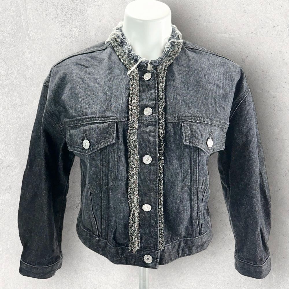 7 For All Mankind Denim Jacket Black Frayed Raw Edge Trim Size XS NWT